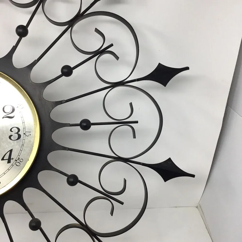 Elgin Mid Century Modern Black Wrought Iron Vintage Starburst Clock (working)